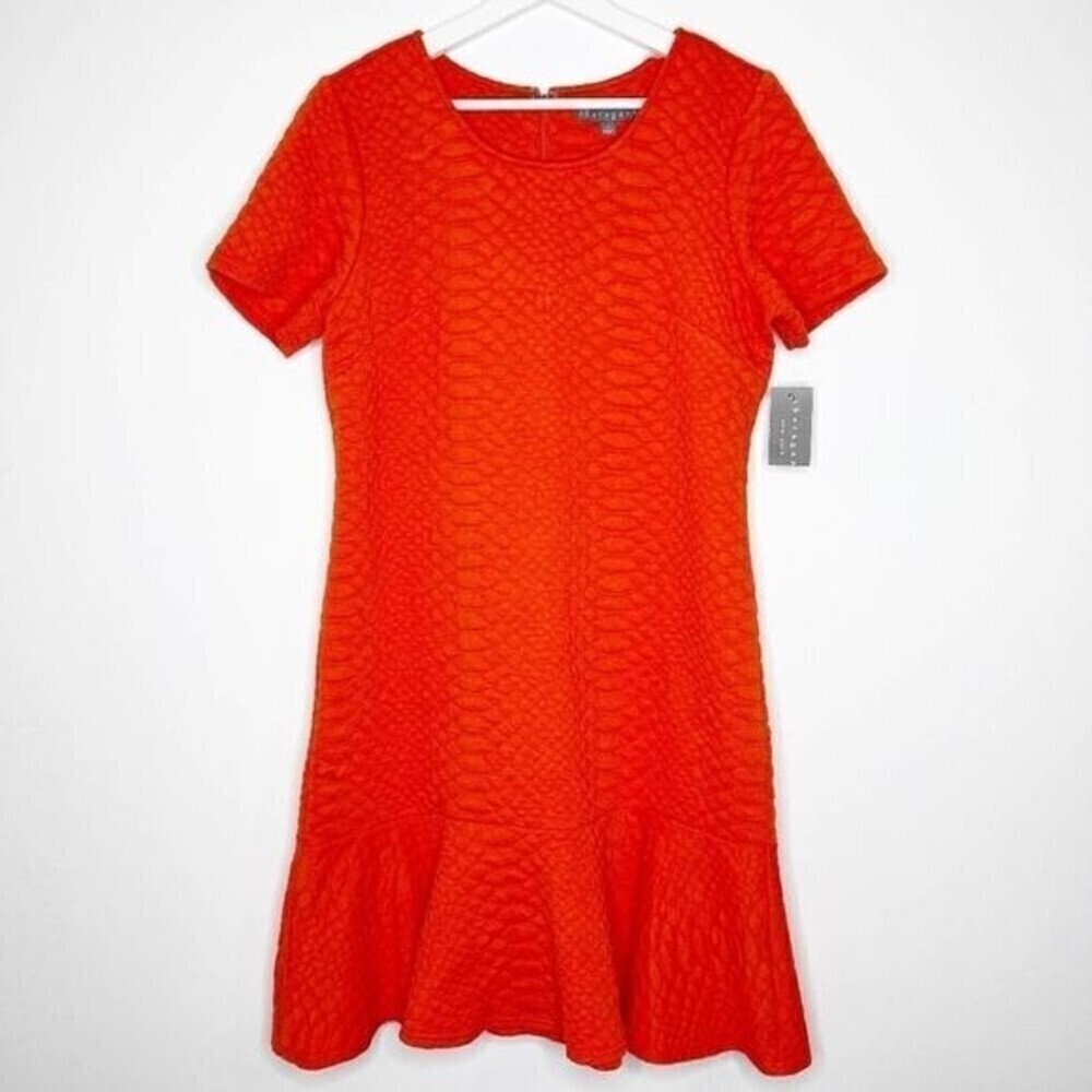 SHARAGANO Orange Textured Knit Ruffle Hem Dress  - Picture 2 of 7